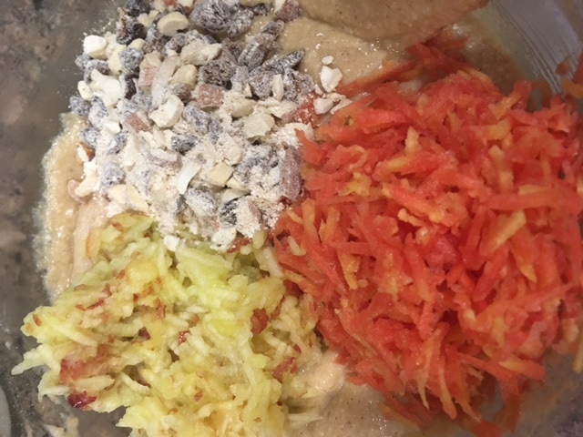 Add grated apple, carrot and nuts