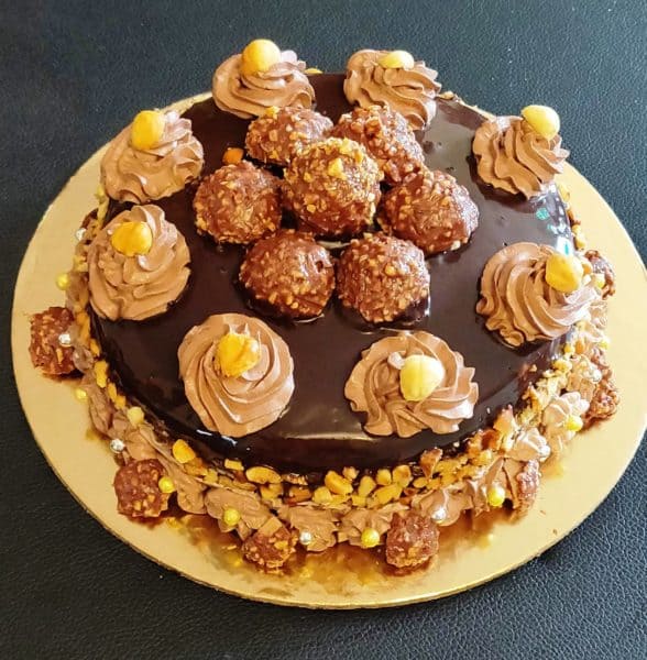 Ferrero Rocher Chocolate Cake covered with ganache